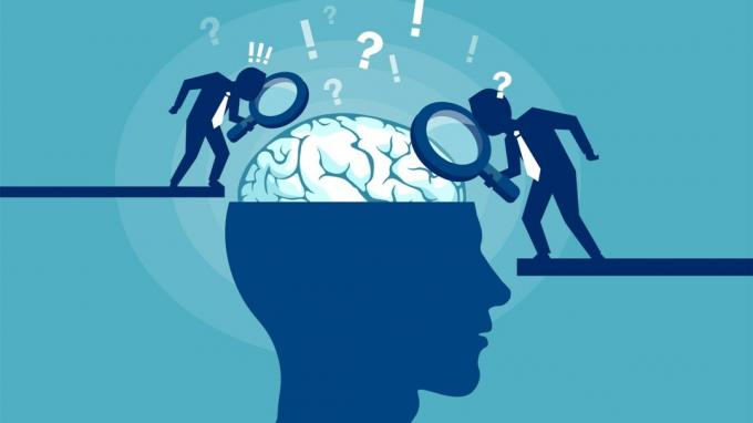 Bunte Vektorillustration von den Wissenschaftlern, die Gehirn und Psychologie des Menschen auf blauem Hintergrund erforschen